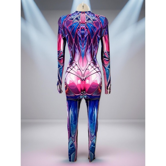 New Small Pink Mirror Spandex Jumpsuit Catsuit‎ Rave Illusion Metallic Cyberpunk - Picture 6 of 7